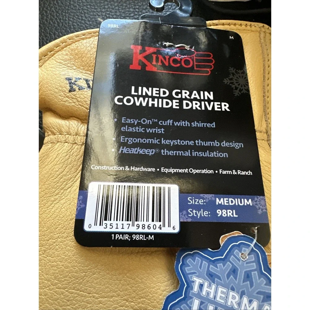 Kinco 98RL-M Men's Lined Cowhide Gloves Heat Keep Lining, Keystone Thumb, Medium